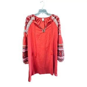 Seen Worn Kept Women's Cotton Red Long Sleeves Front Tie Mini Dress Size XS